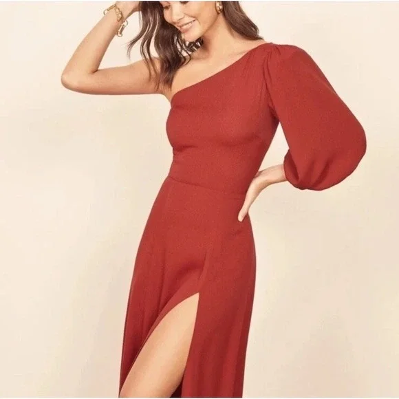 Reformation Lawrence Crimson High Slit One Shoulder Midi Dress Size 8 Sexy NEW - Picture 3 of 13